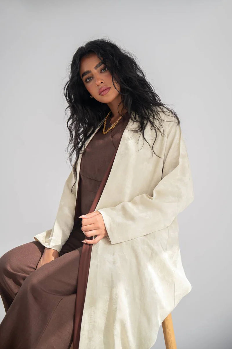 Beige crepe jacquard abaya C:6645