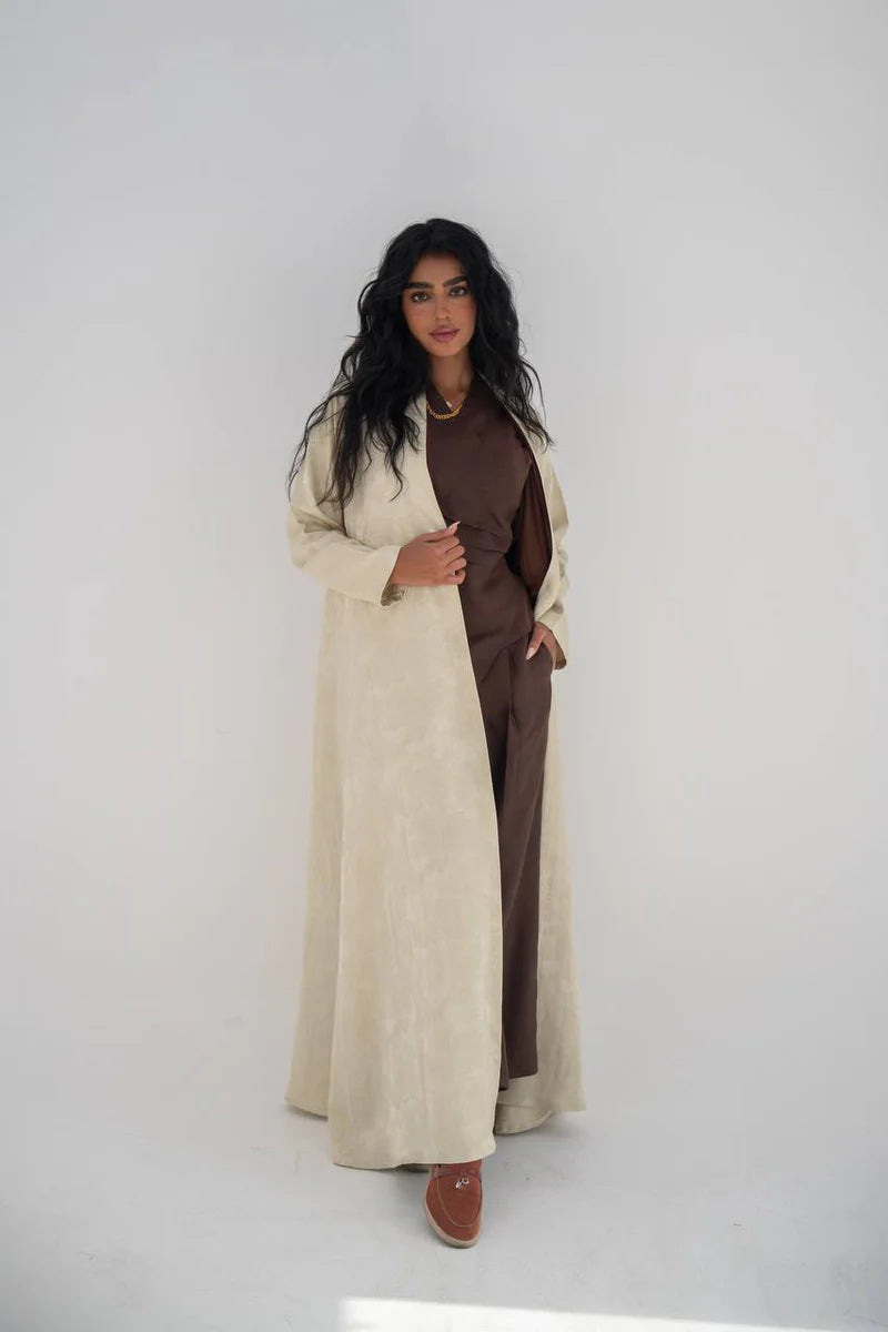 Beige crepe jacquard abaya C:6645