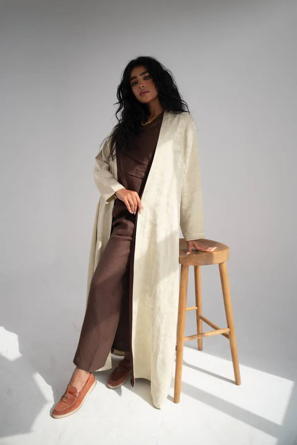 Beige crepe jacquard abaya C:6645