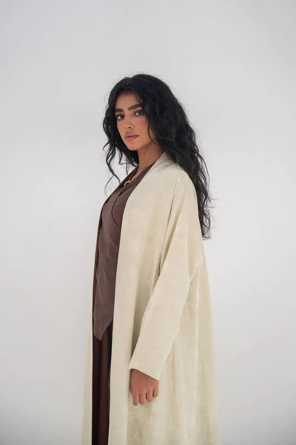 Beige crepe jacquard abaya C:6645