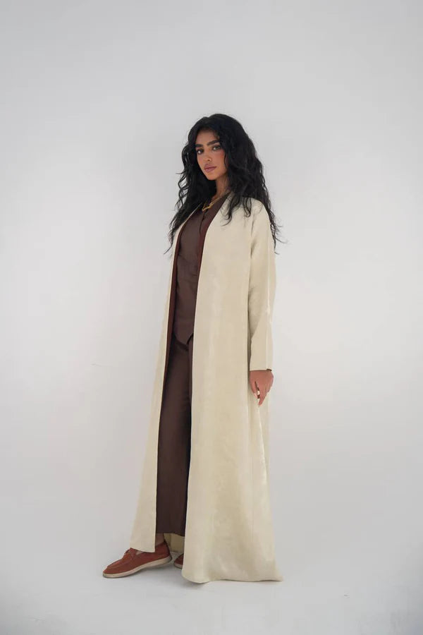 Beige crepe jacquard abaya C:6645