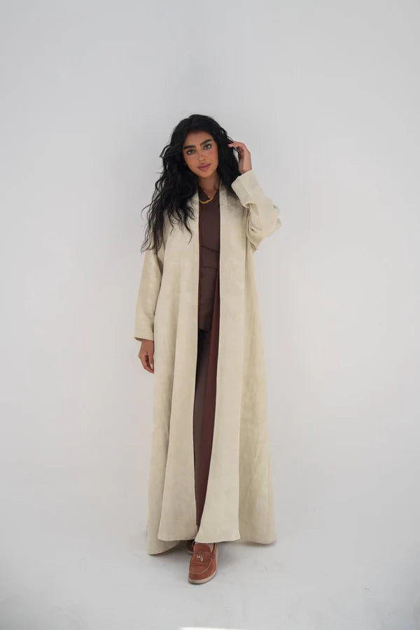 Beige crepe jacquard abaya C:6645