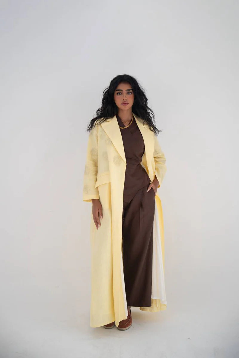 Butter yellow linen blazer abaya with hand embroidery C:6646