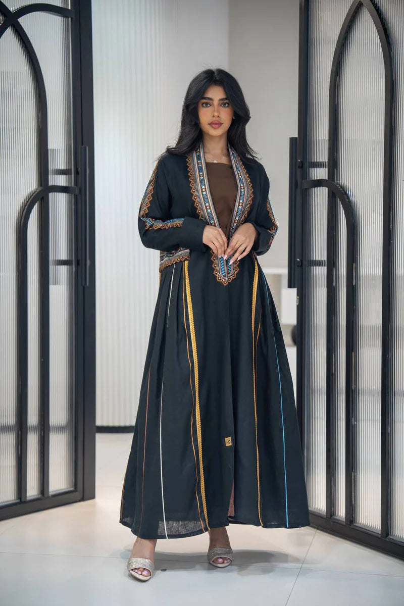 Black linen abaya with embroidery C:6605