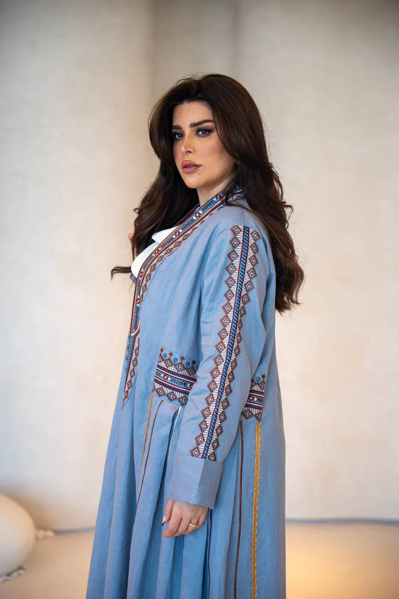 Sky blue linen abaya with embroidery C:6605