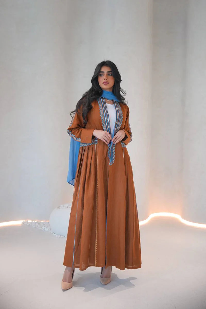 Linen abaya in camel color with embroidery C:6605 Brown