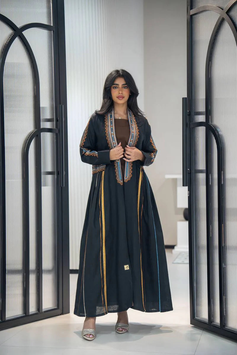 Black linen abaya with embroidery C:6605