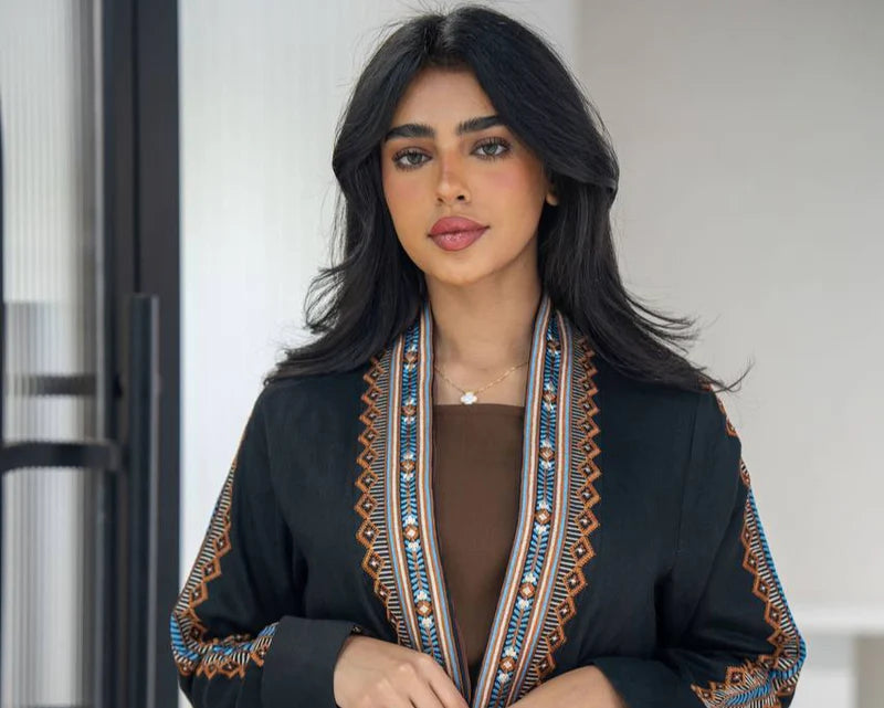 Black linen abaya with embroidery C:6605