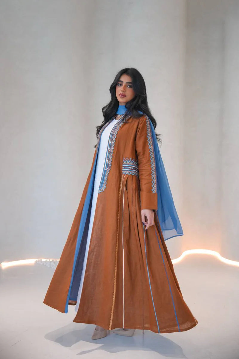 Linen abaya in camel color with embroidery C:6605 Brown