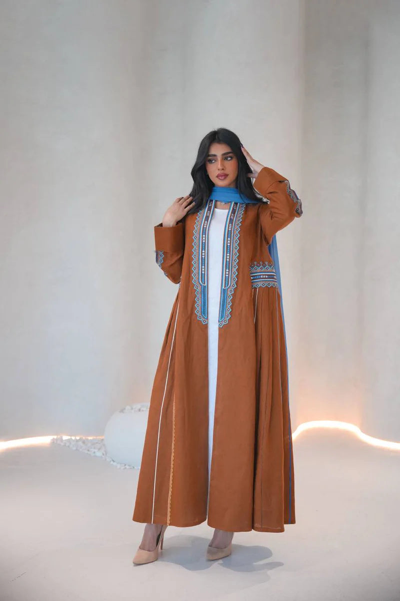 Linen abaya in camel color with embroidery C:6605 Brown
