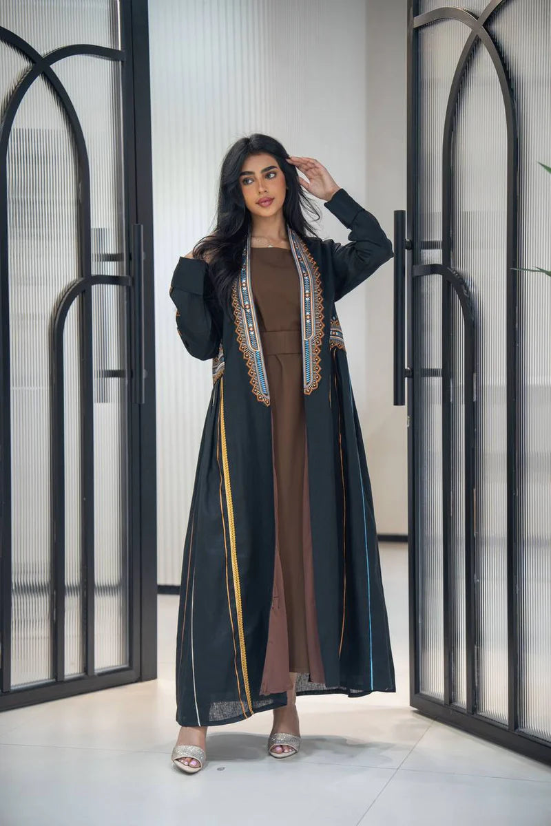 Black linen abaya with embroidery C:6605