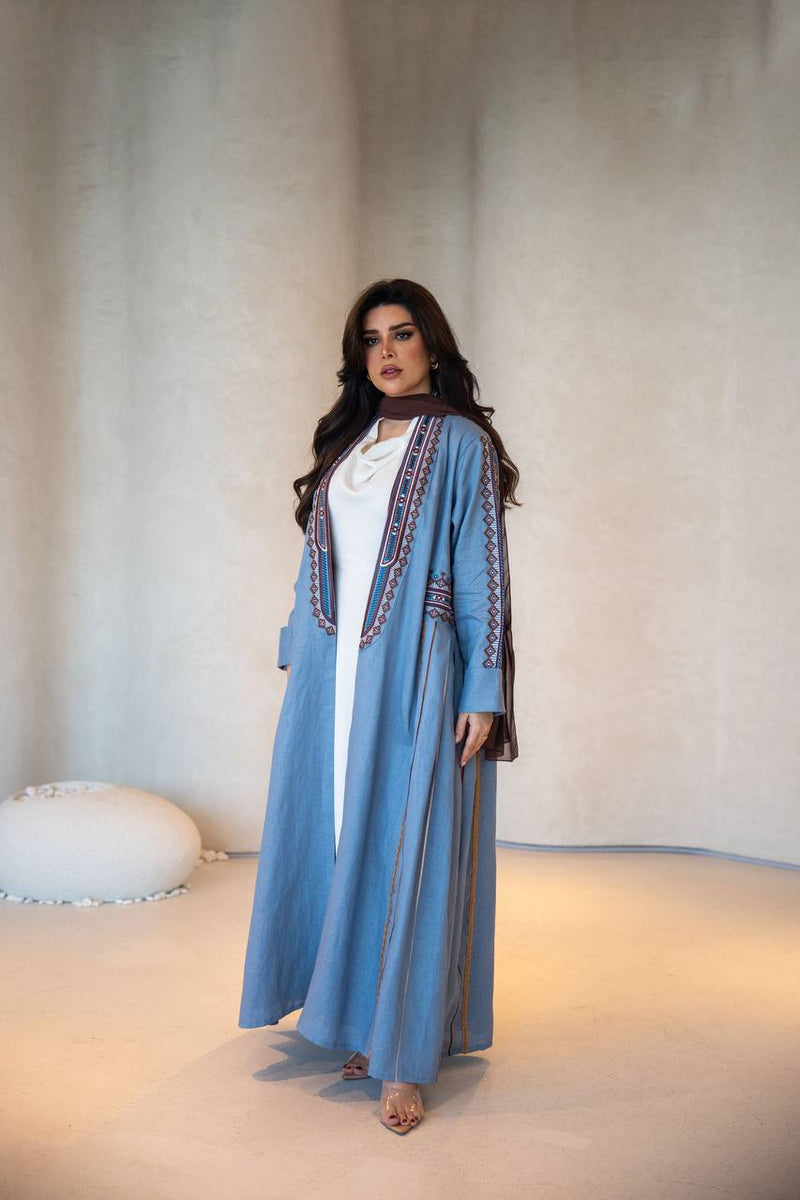 Sky blue linen abaya with embroidery C:6605