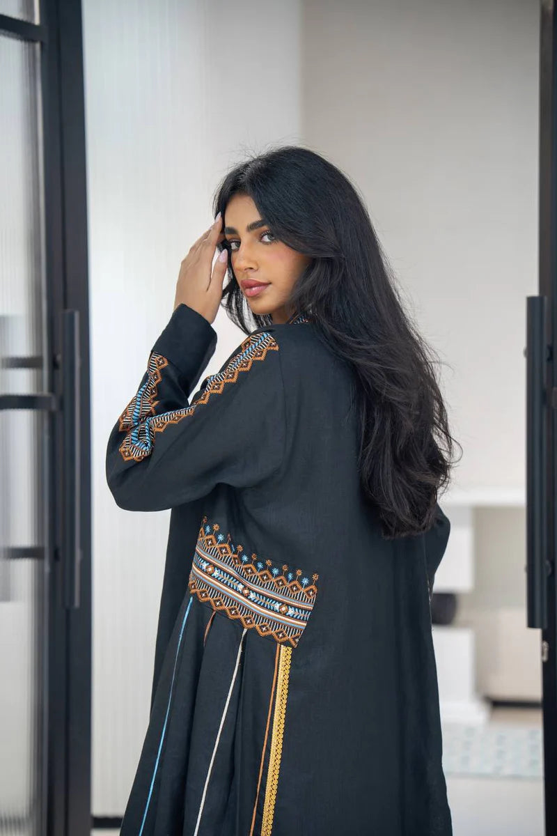 Black linen abaya with embroidery C:6605