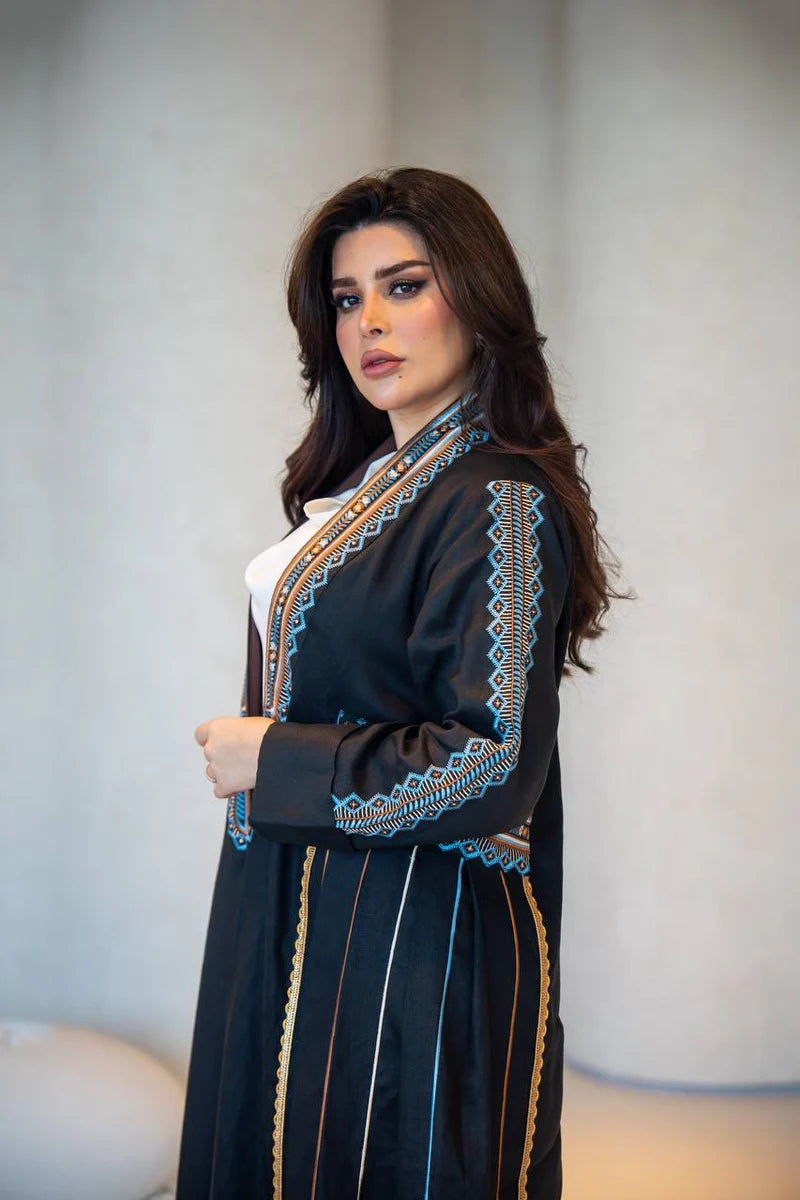 Black Linen Abaya with Embroidery C:6605 Black/Blue