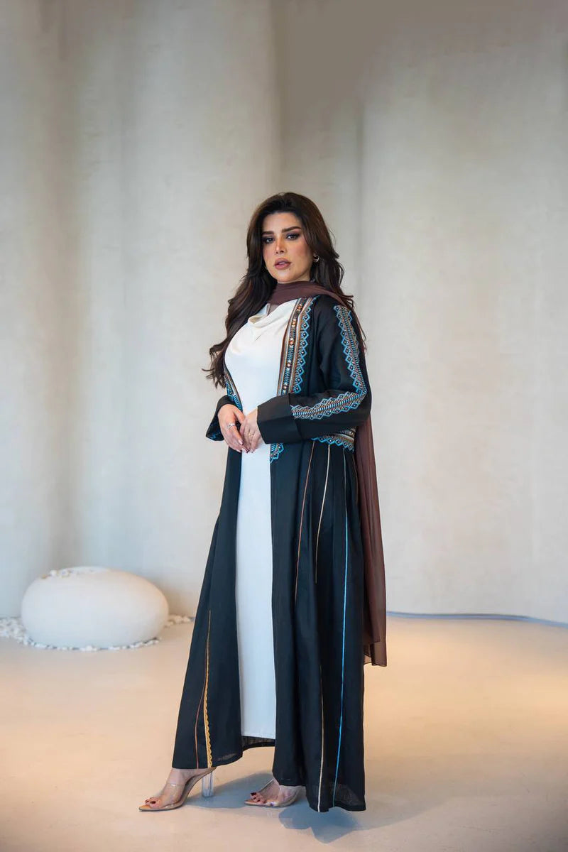Black Linen Abaya with Embroidery C:6605 Black/Blue