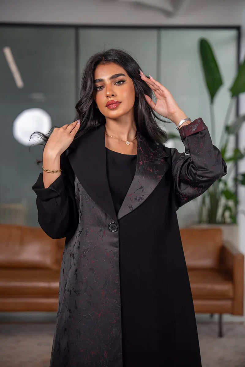 Black crepe blazer abaya with jacquard fabric C:6626