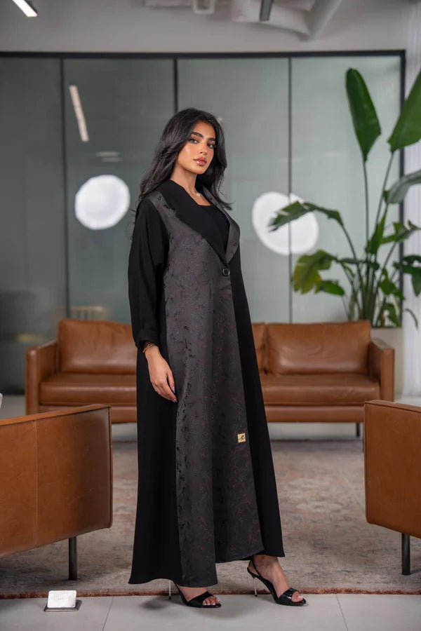 Black crepe blazer abaya with jacquard fabric C:6626