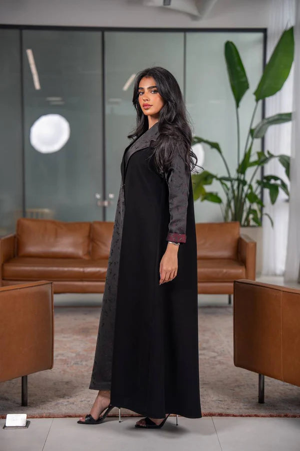 Black crepe blazer abaya with jacquard fabric C:6626