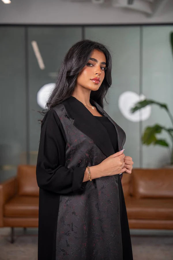 Black crepe blazer abaya with jacquard fabric C:6626