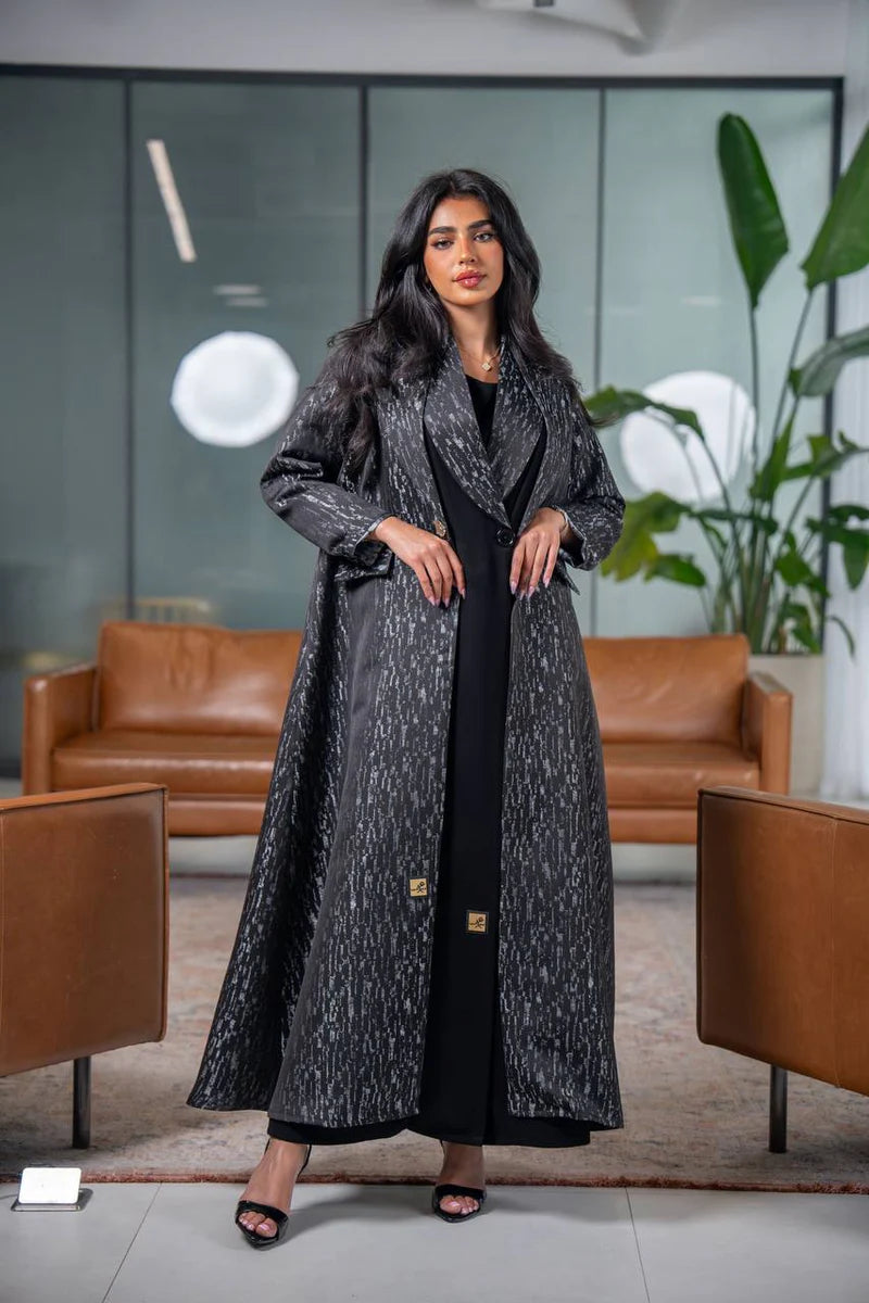 Black and gray crepe jacquard blazer abaya C:6627