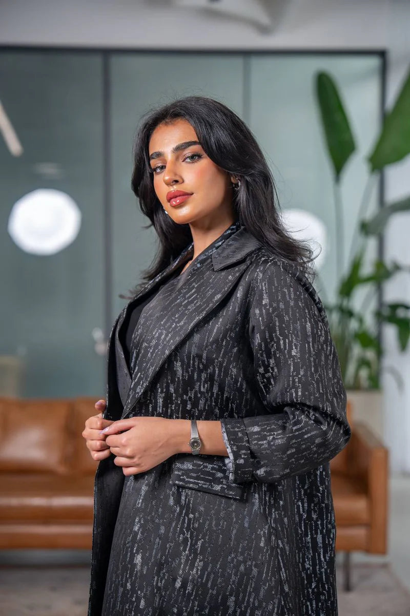 Black and gray crepe jacquard blazer abaya C:6627