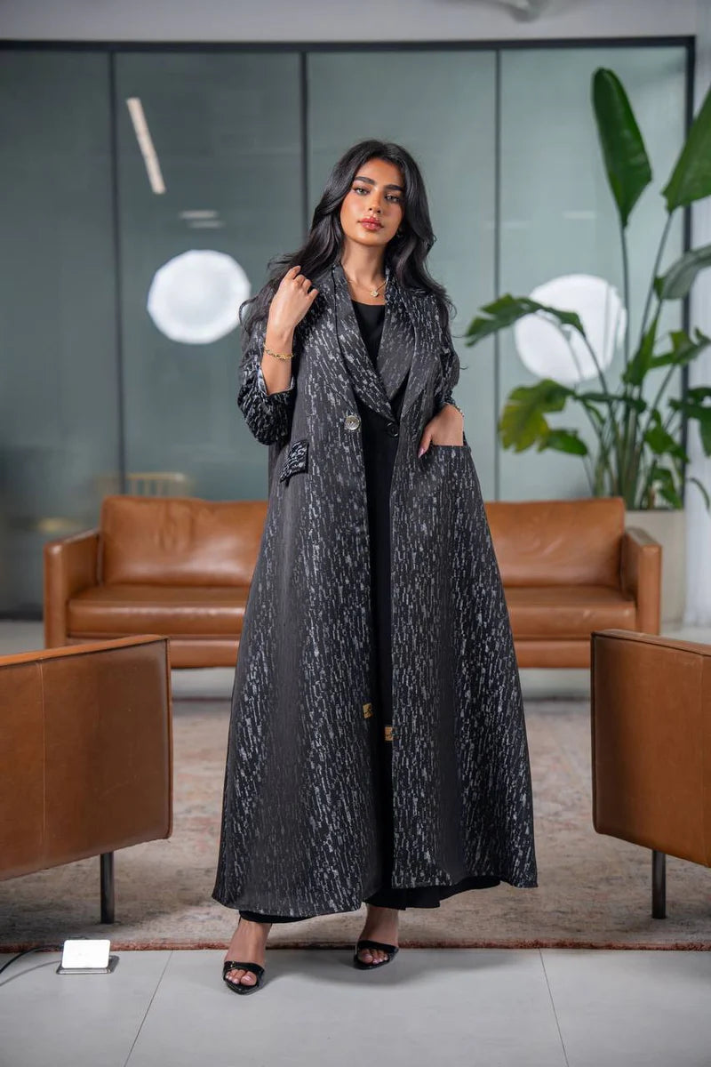 Black and gray crepe jacquard blazer abaya C:6627
