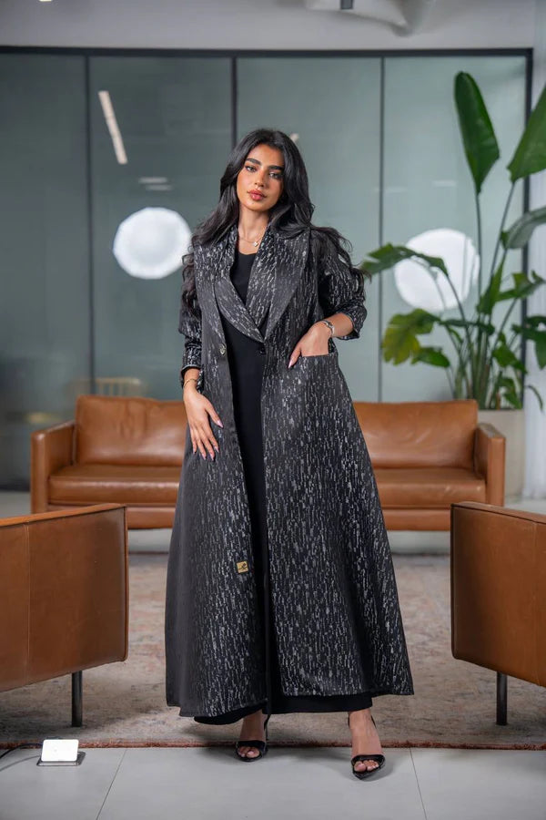 Black and gray crepe jacquard blazer abaya C:6627