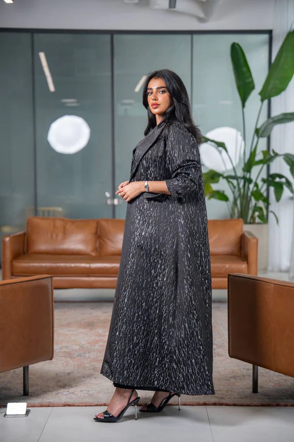 Black and gray crepe jacquard blazer abaya C:6627