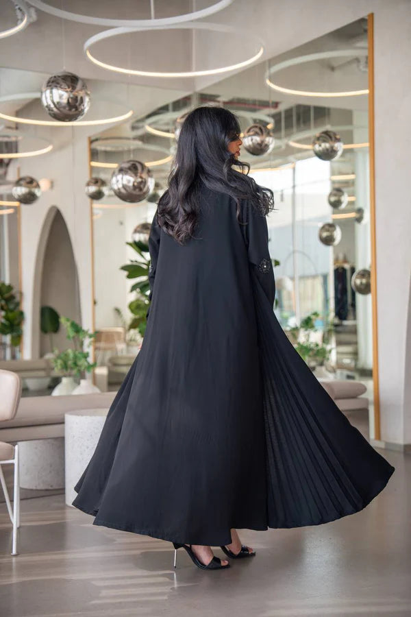 Black crepe abaya with pleats on the sides. C:6629 Black