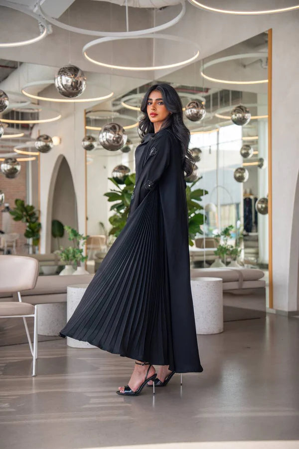 Black crepe abaya with pleats on the sides. C:6629 Black