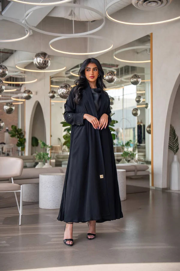 Black crepe abaya with pleats on the sides. C:6629 Black