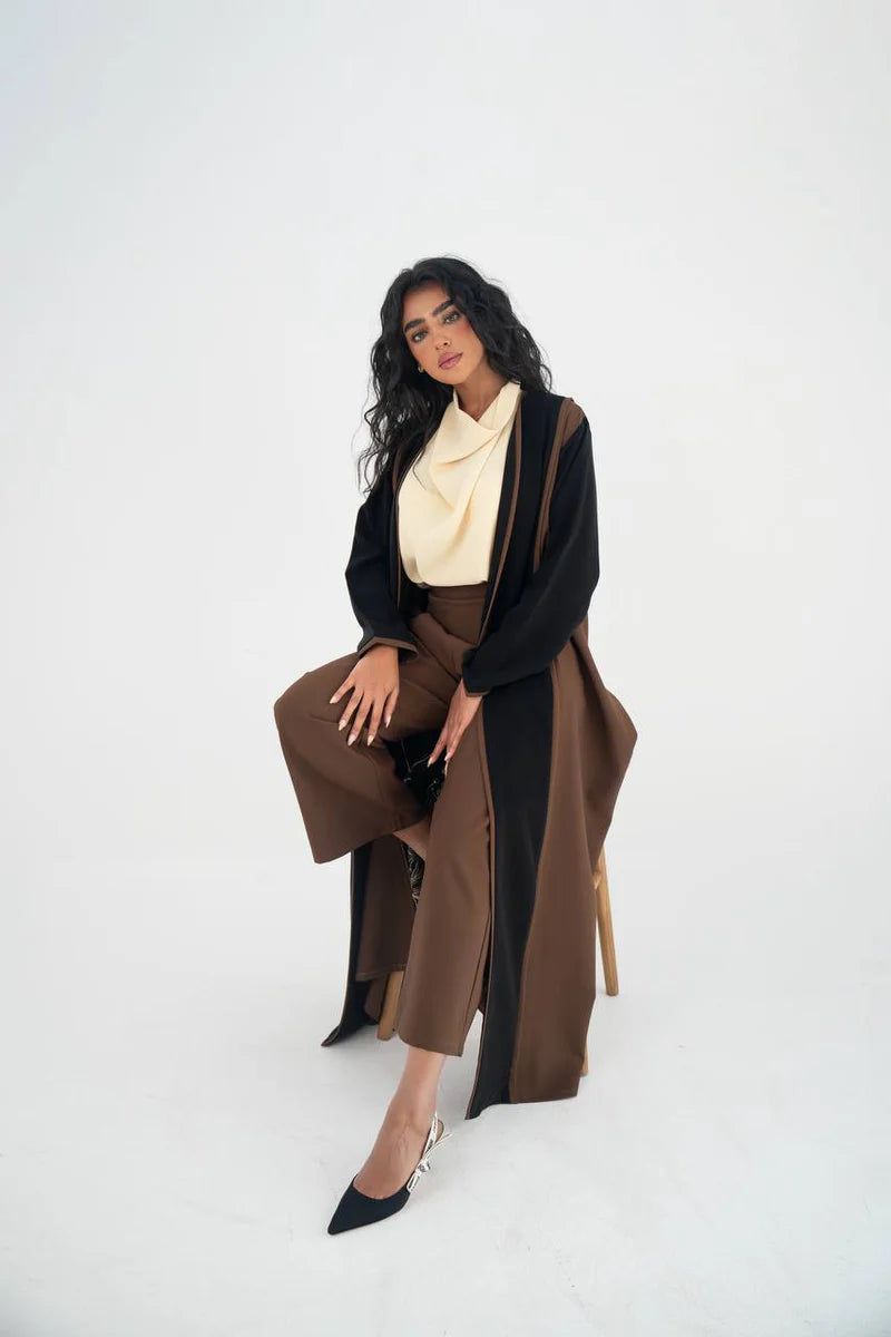 Brown and black crepe abaya with embroidery C:6644