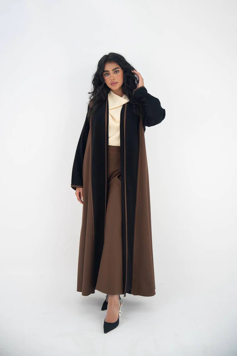 Brown and black crepe abaya with embroidery C:6644