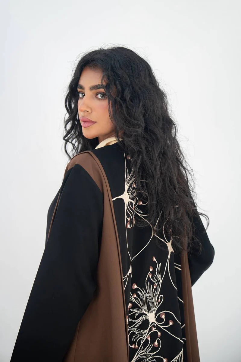 Brown and black crepe abaya with embroidery C:6644