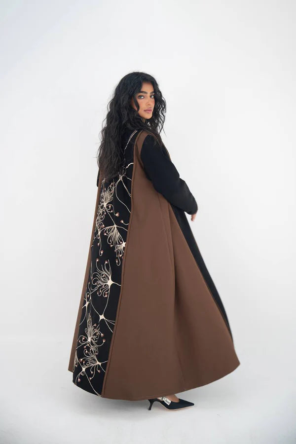 Brown and black crepe abaya with embroidery C:6644