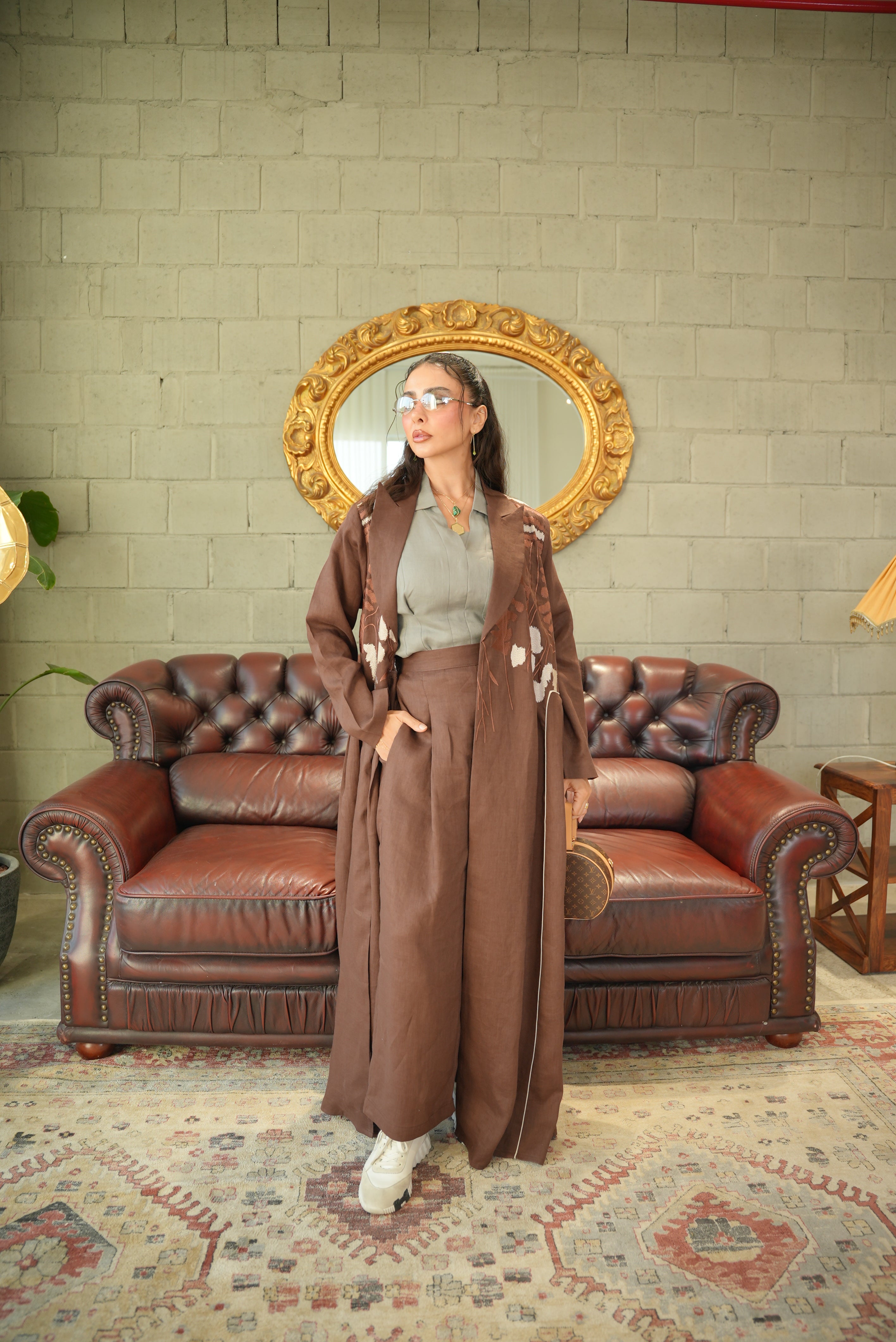 Brown Linen Abaya with Embroidery