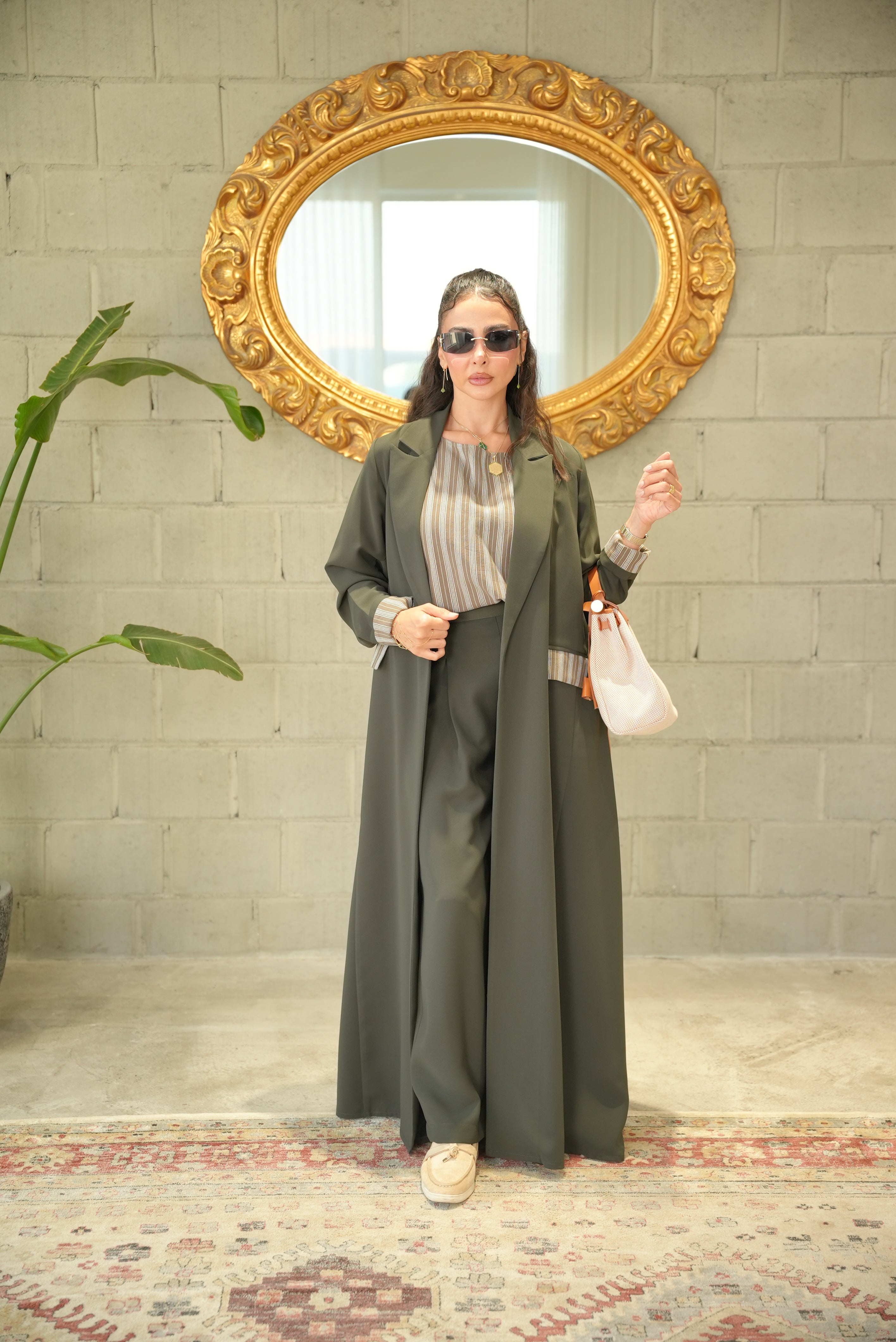 Olive Crepe Abaya with Striped Trim -1959