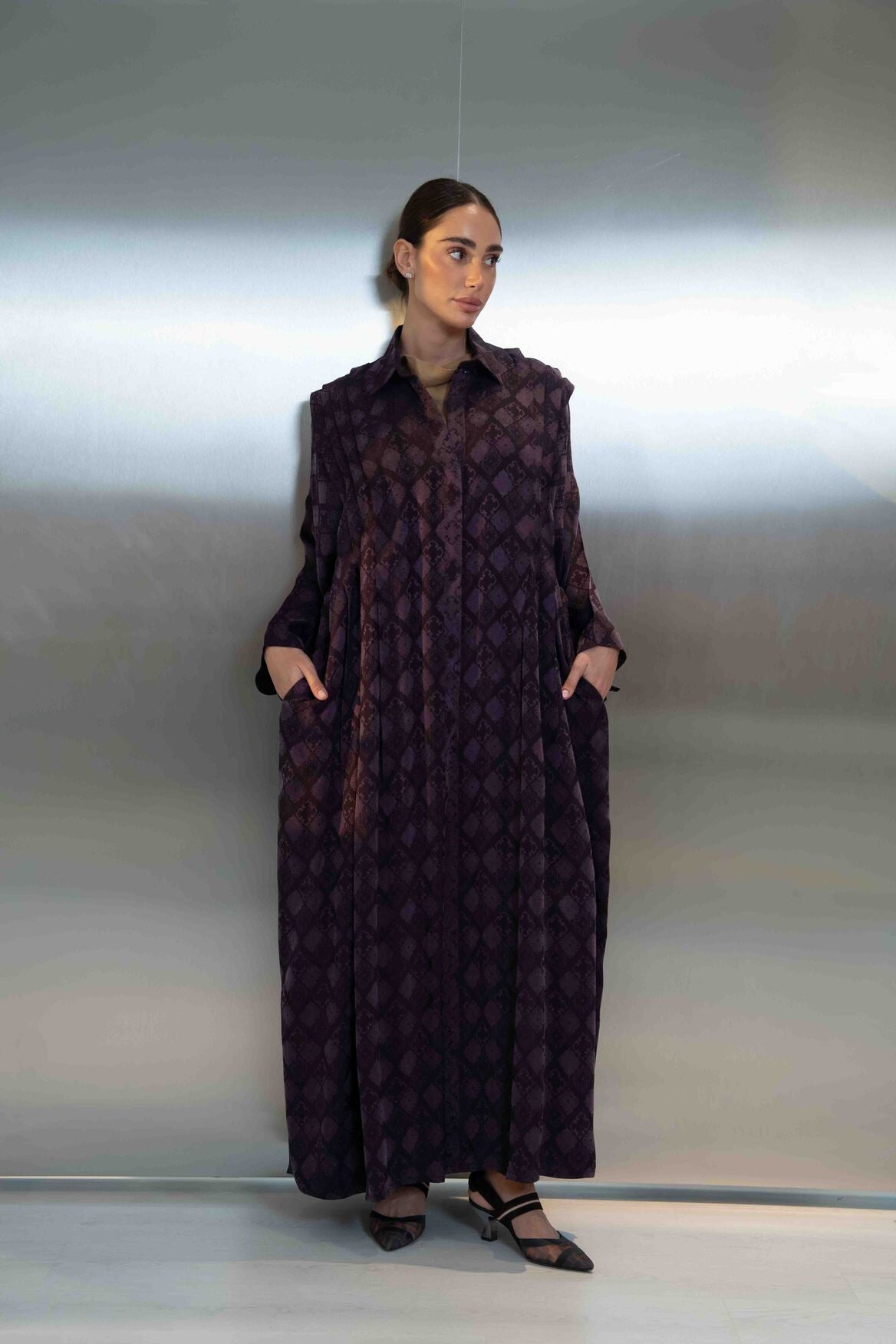 Purple Printed Silk Crepe Abaya-2065