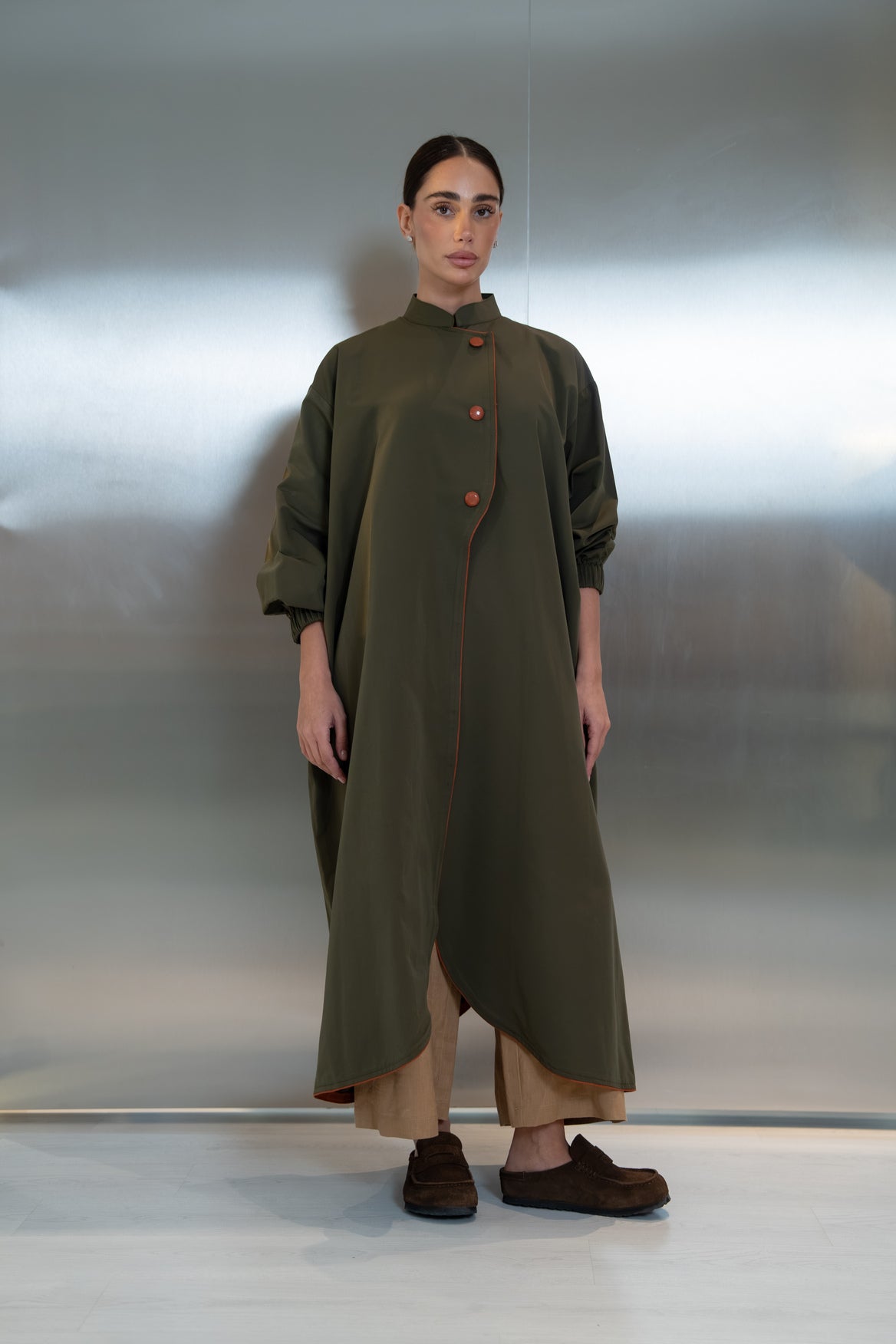 Trench coat abaya in green with camel trim(free size) -2043