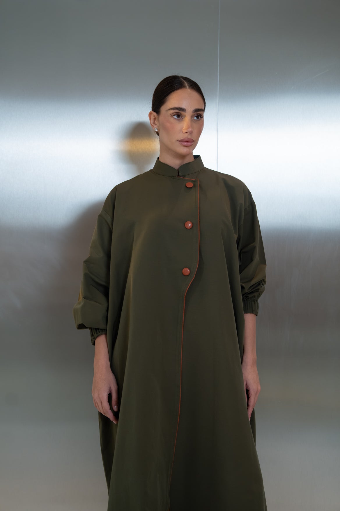 Trench coat abaya in green with camel trim(free size) -2043