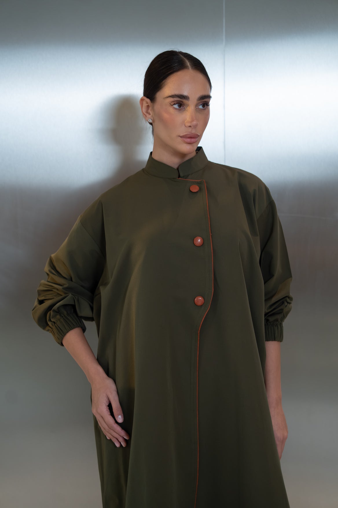 Trench coat abaya in green with camel trim(free size) -2043