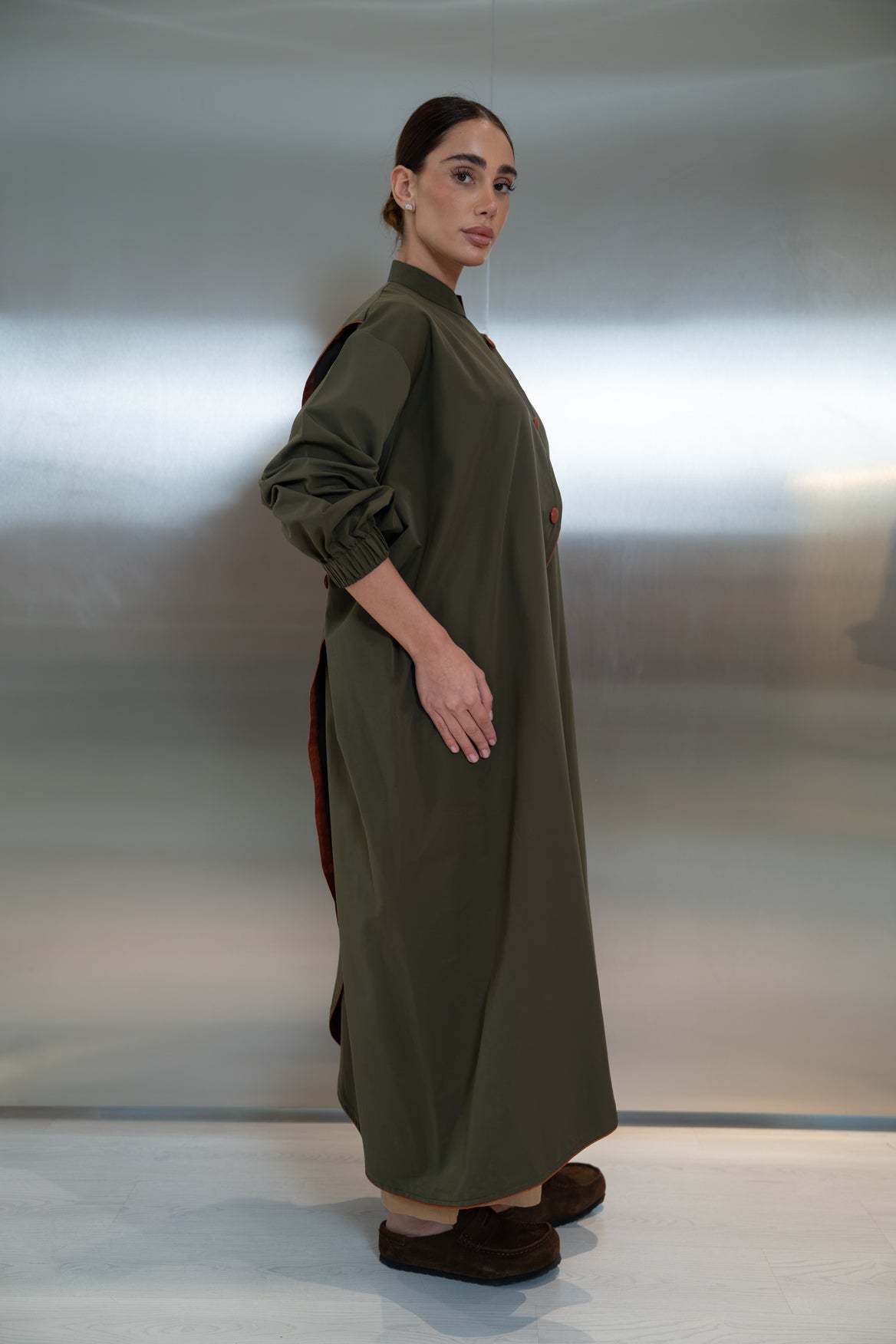 Trench coat abaya in green with camel trim(free size) -2043