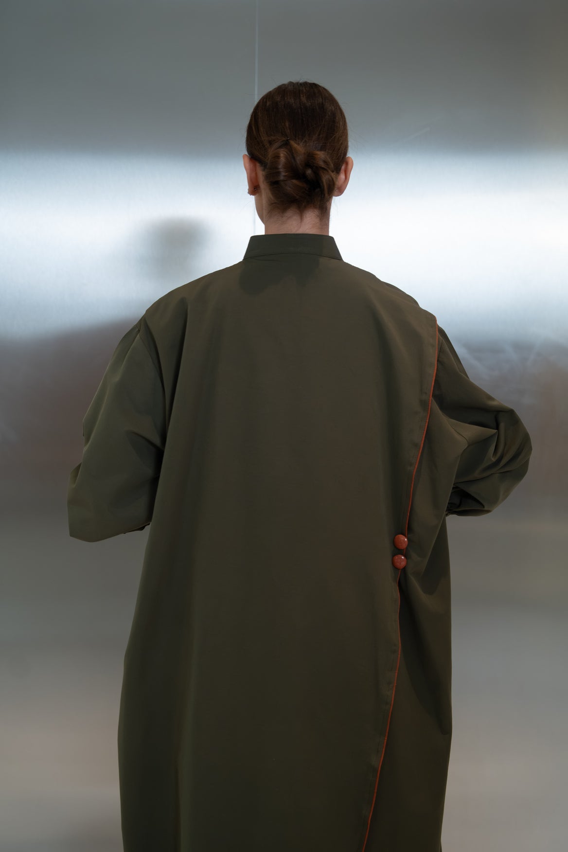 Trench coat abaya in green with camel trim(free size) -2043