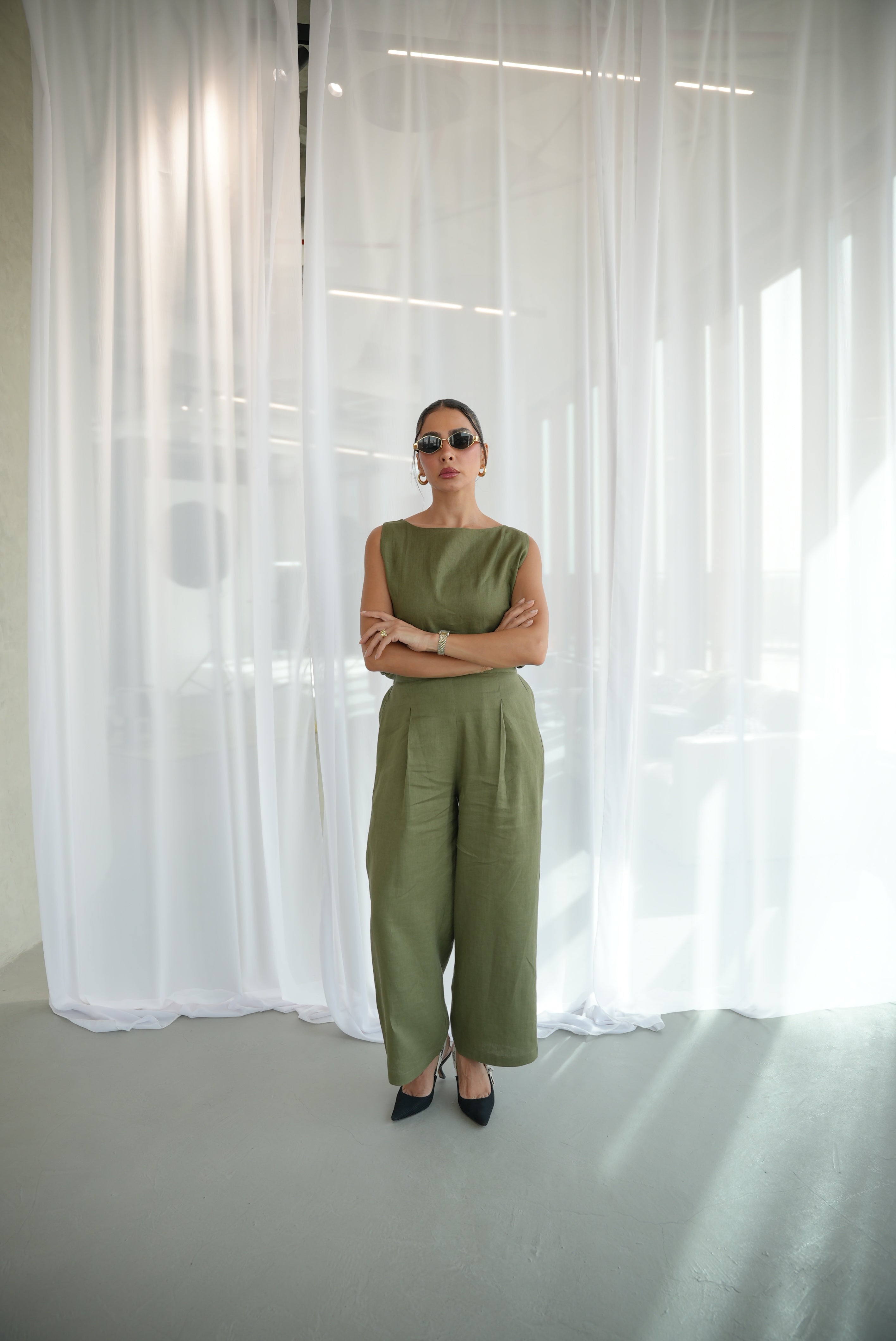 Olive Linen Blouse & Pants Set-1953
