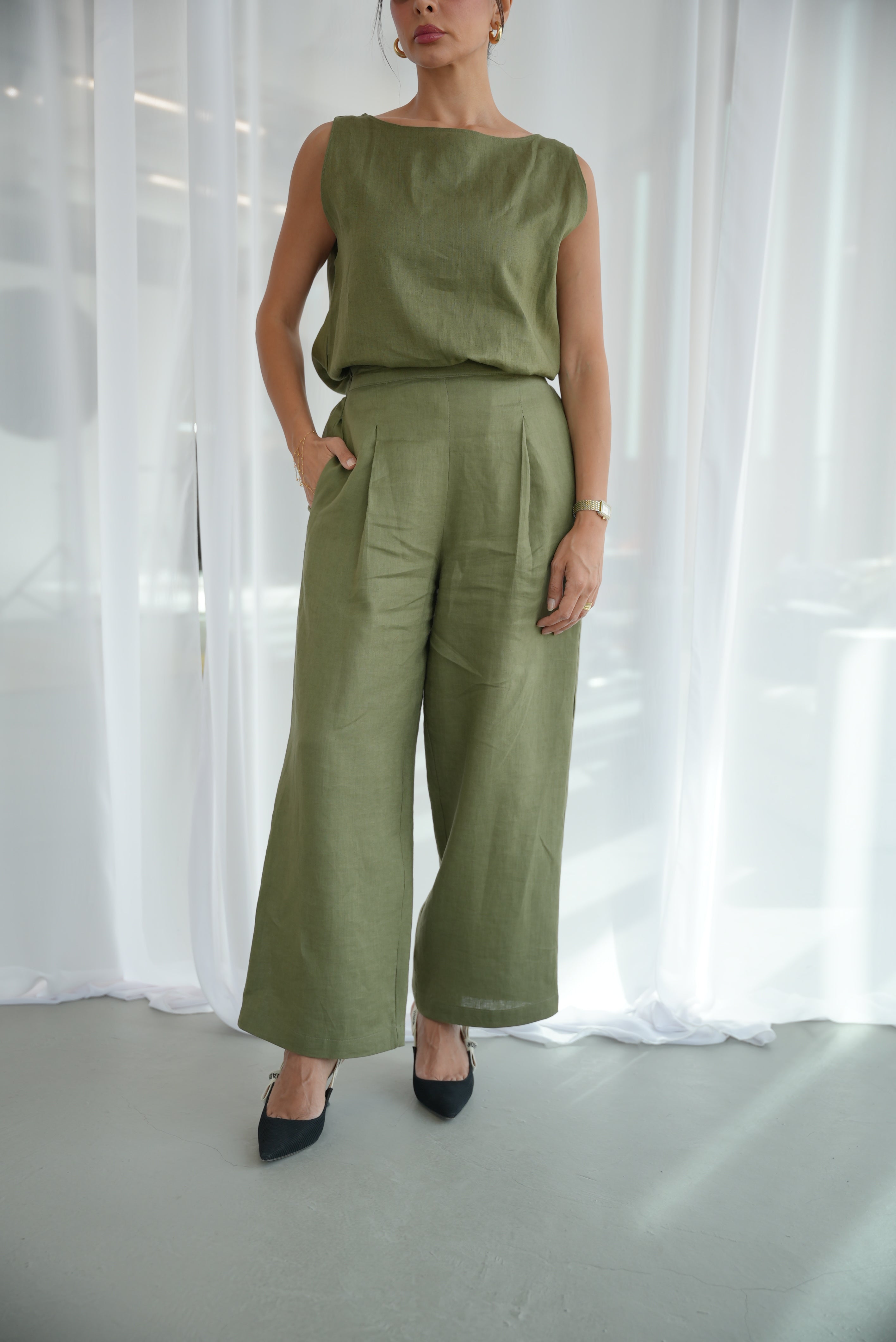 Olive Linen Blouse & Pants Set-1953