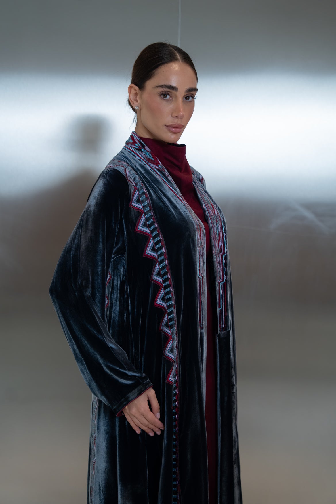 Grey Velvet Embroidered Abaya -2040