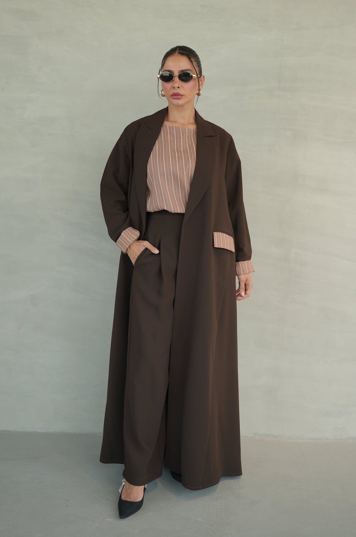 Brown Crepe Abaya with Striped Trim-1947