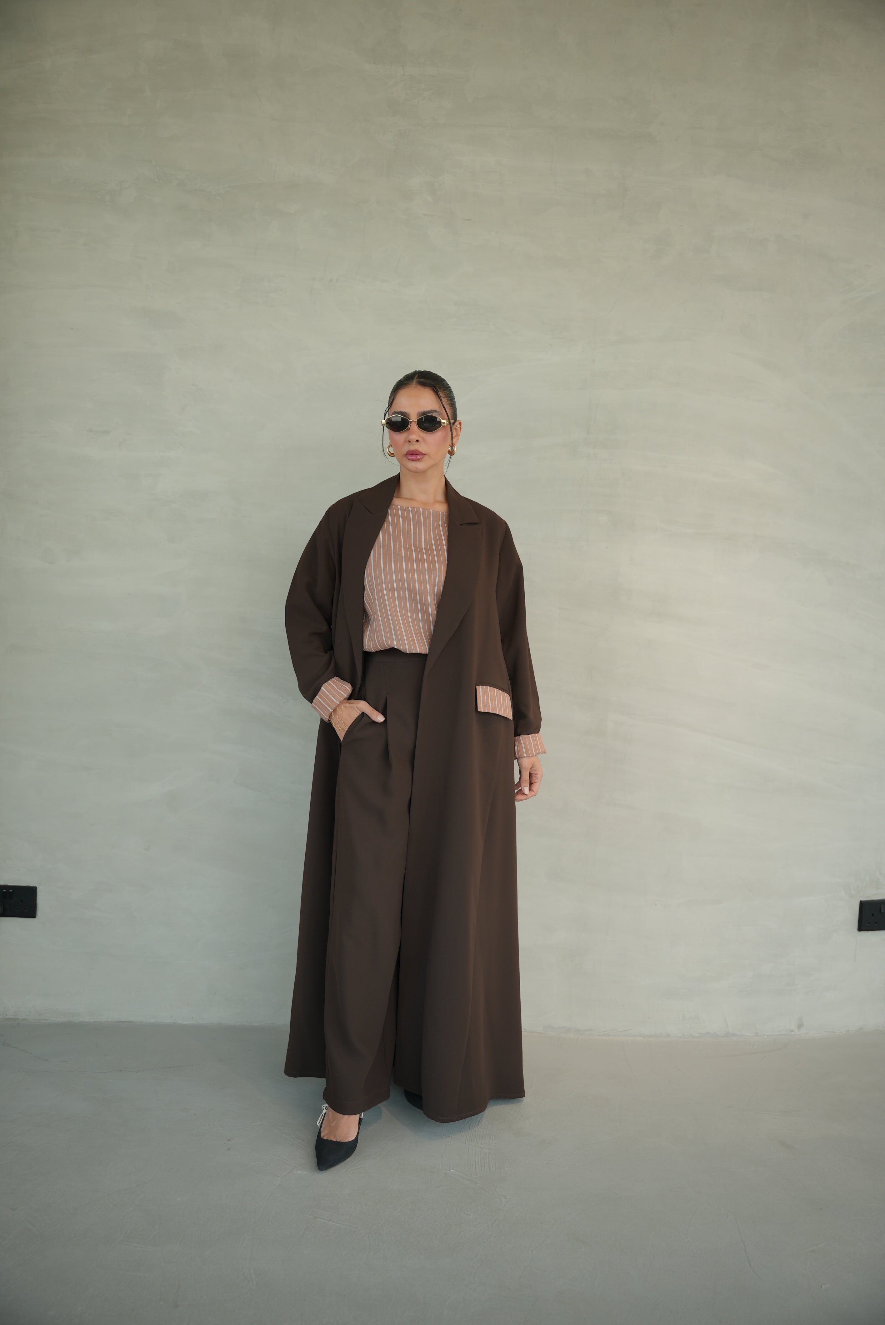 Brown Crepe Abaya with Striped Trim-1947