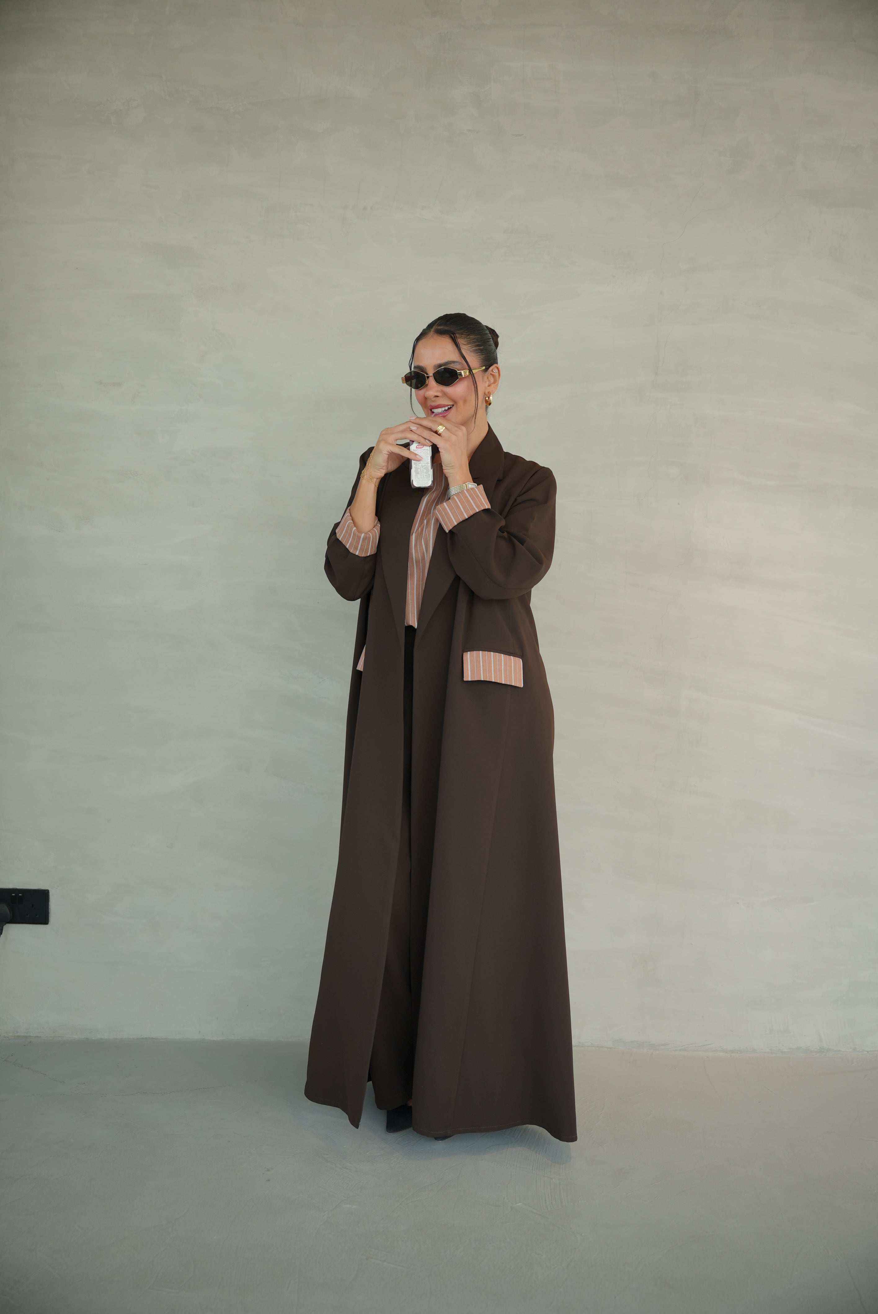 Brown Crepe Abaya with Striped Trim-1947