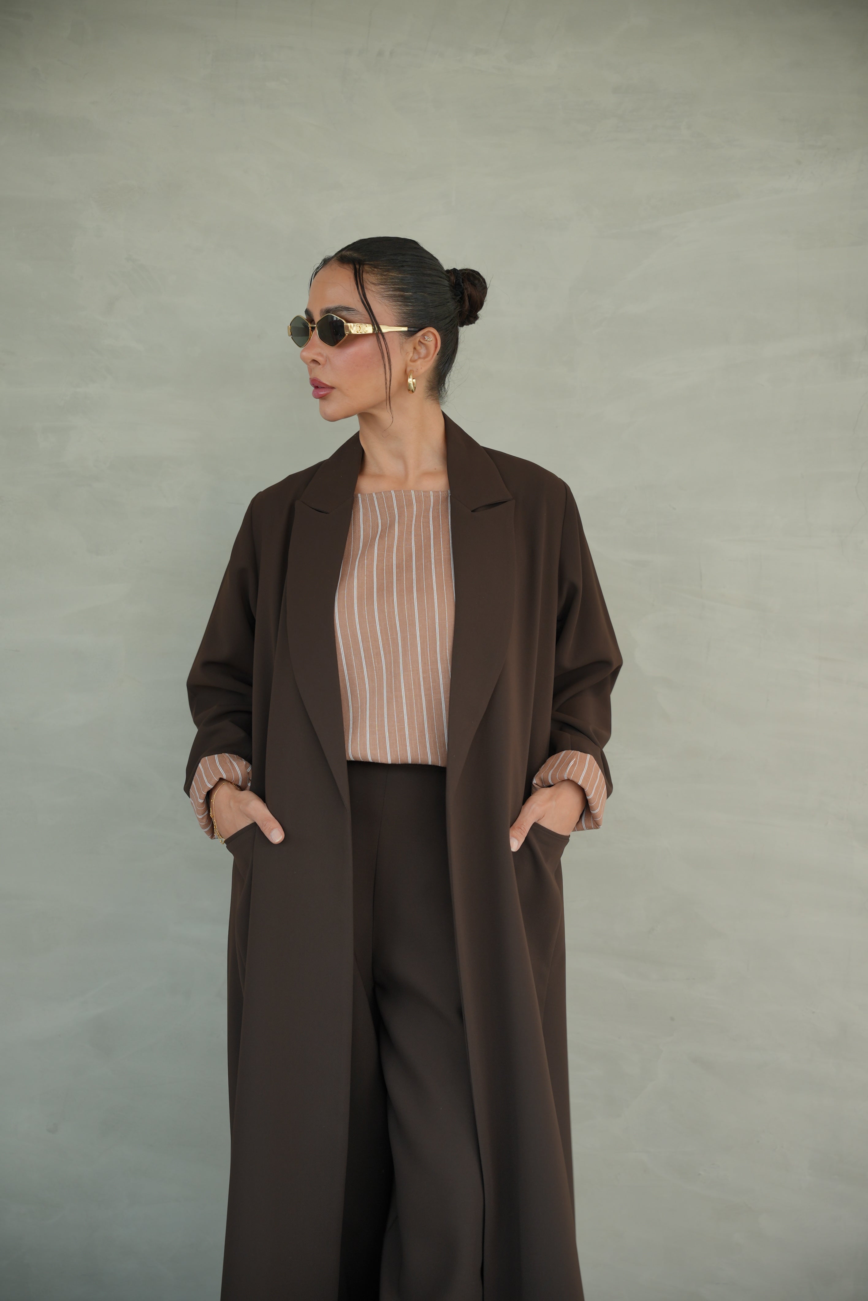 Brown Crepe Abaya with Striped Trim-1947